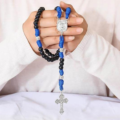 St.Michael Black Beads Blue Paracord Rosary Rugged Beaded Pardon Cross - Nazareth Store