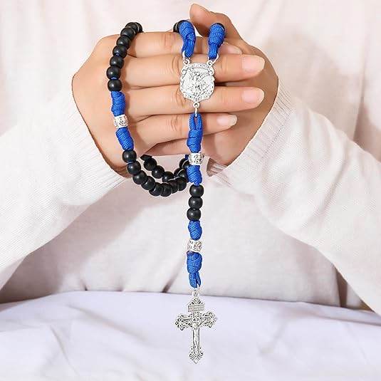 St.Michael Black Beads Blue Paracord Rosary Rugged Beaded Pardon Cross - Nazareth Store