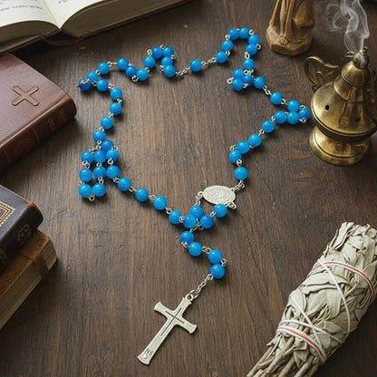 Blue Cat Eye Selenite Rosary Necklace with Miraculous Medal & Silver Cross - Nazareth Store