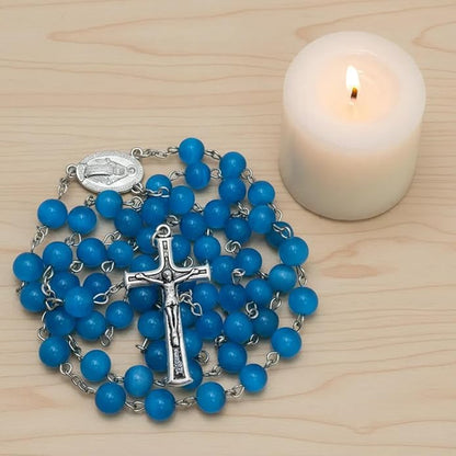Blue Cat Eye Selenite Rosary Necklace with Miraculous Medal & Silver Cross - Nazareth Store