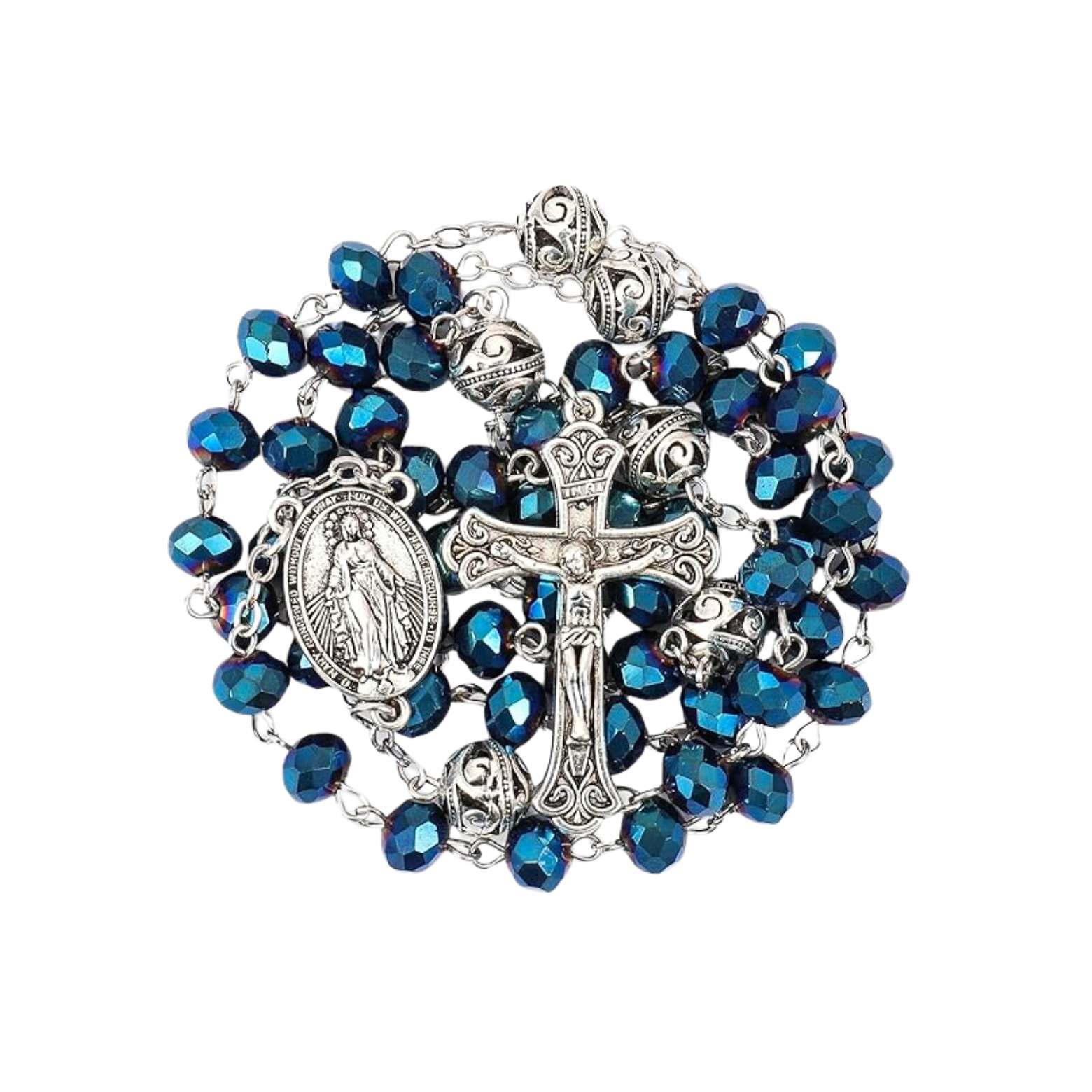 Deep Blue Crystal Beads Rosary Necklace with 10mm Alloy Mystery Prayer Beads Miraculous Medal and Jesus Cross Nazareth Store
