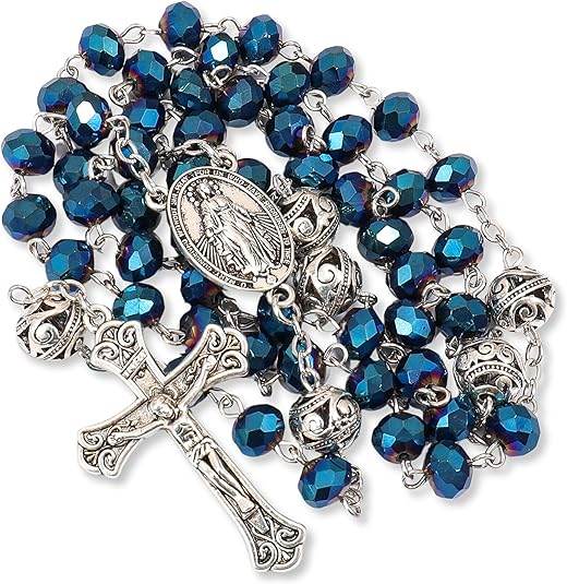 Crystal & Alloy Prayer Beads Rosary Necklace Miraculous Medal and Jesus Cross - Nazareth Store