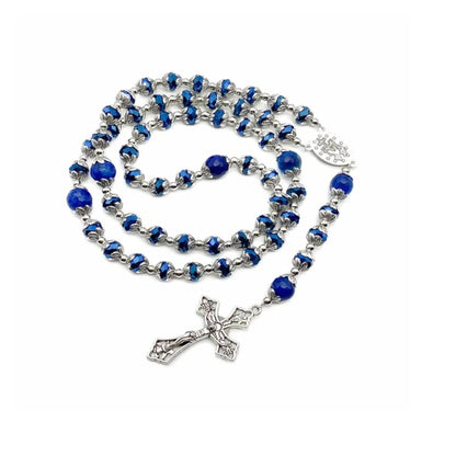 Deep Blue Crystal & Blue Agate Rosary Necklace with Miraculous Medal & Cross Crucifix - Nazareth Store