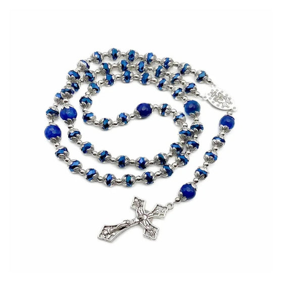 Deep Blue Crystal & Blue Agate Rosary Necklace with Miraculous Medal & Cross Crucifix - Nazareth Store