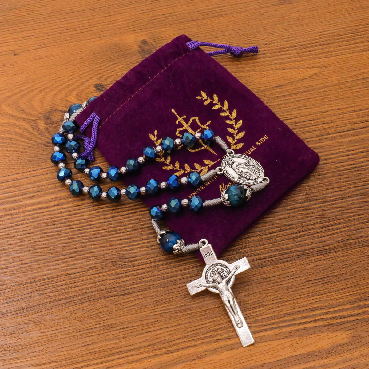 Blue Crystal Rosary Necklace with Tiger Eye Mystery Beads Silver-Plated Miraculous Medal & INRI Crucifix Handmade Catholic Prayer Beads Gift 
