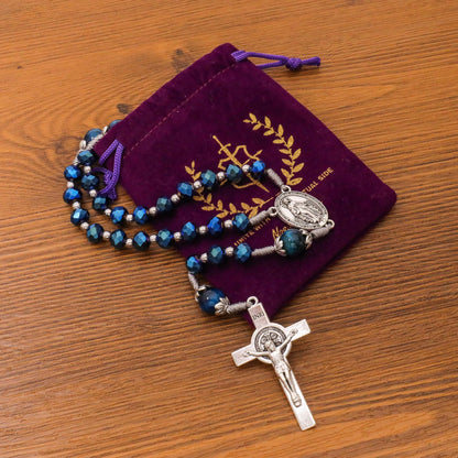 Blue Crystal Rosary Necklace with Tiger Eye Mystery Beads Silver-Plated Miraculous Medal & INRI Crucifix Handmade Catholic Prayer Beads Gift 