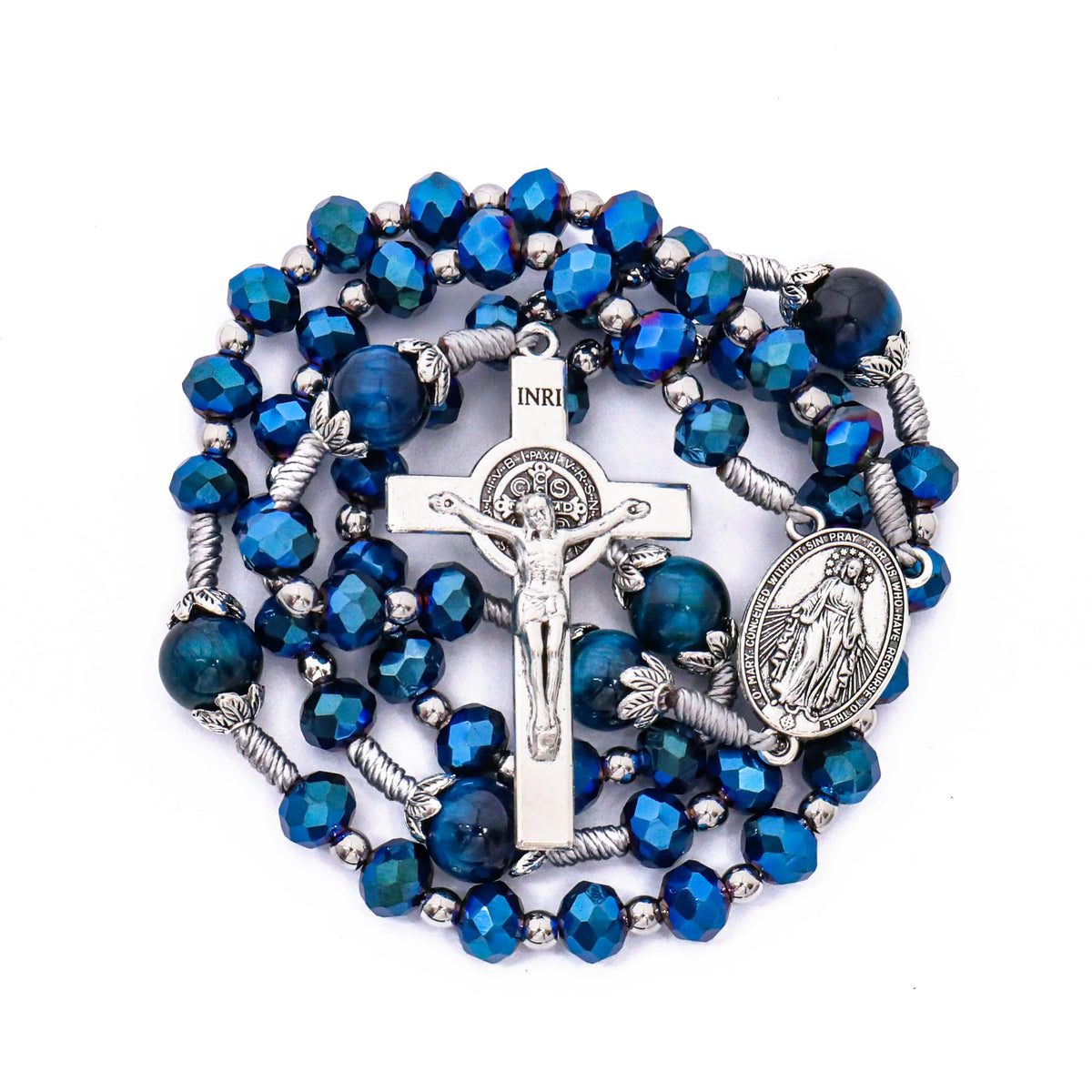 Blue Crystal Rosary Necklace with Tiger Eye Mystery Beads Silver-Plated Miraculous Medal & INRI Crucifix Handmade Catholic Prayer Beads Gift 