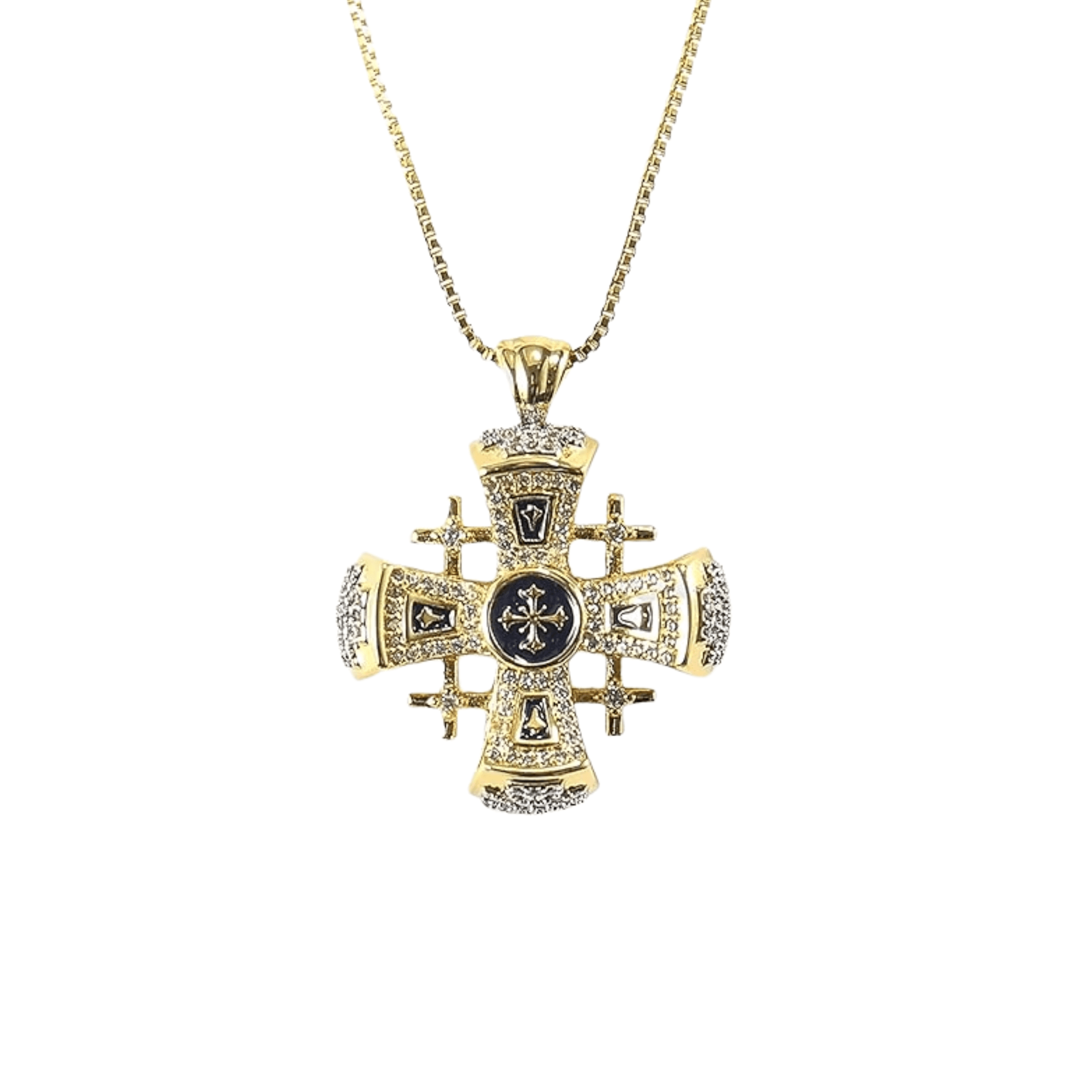 Blue Enamel Jerusalem Cross Pendant Necklace 18k Gold Plating Crystallized Stones - Nazareth Store