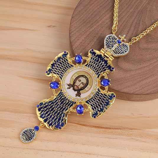 18K Gold Plated Blue Enamel Pectoral Cross Pendant Multi Zircon Crucifix Necklace