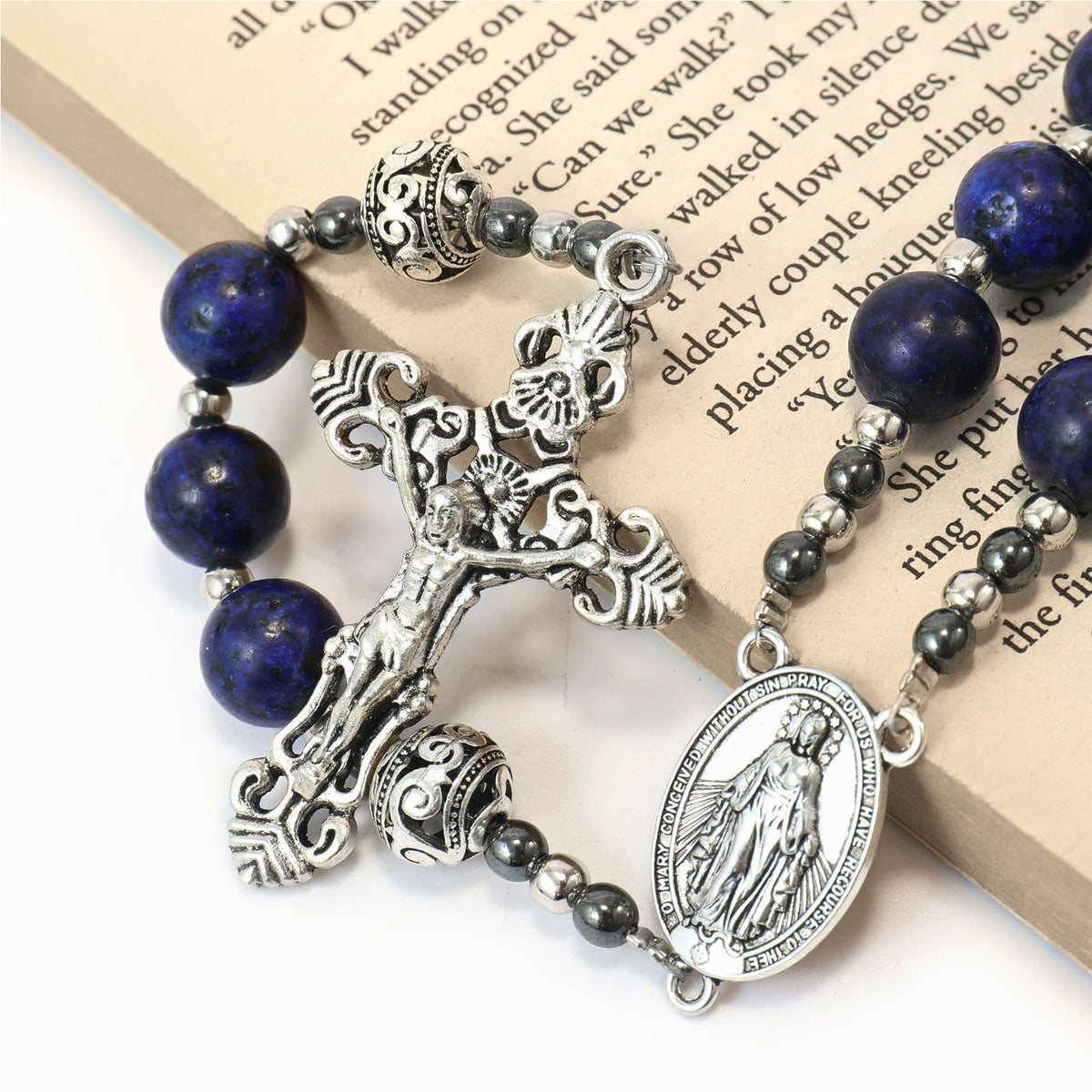 Blue Lapis Lazuli Beads Rosary Necklace with Miraculous Medal - Nazareth Store