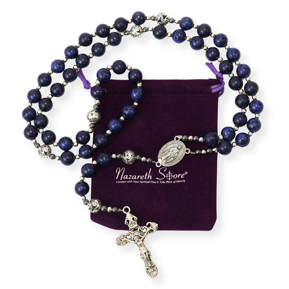 Blue Lapis Lazuli Beads Rosary Necklace with Miraculous Medal - Nazareth Store