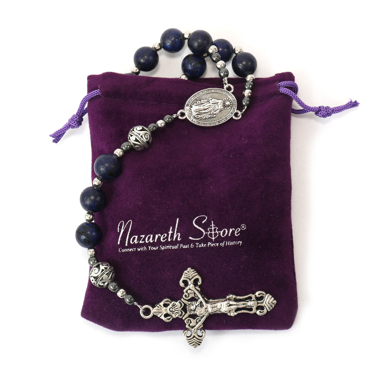 Blue Lapis Lazuli Beads Rosary Necklace with Miraculous Medal - Nazareth Store