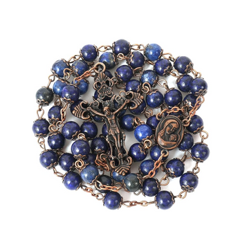 Collar de cuentas de rosario de piedra natural de lapislázuli azul, suelo sagrado y crucifijo cruzado