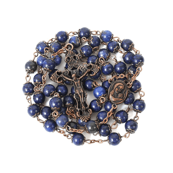 Blue Lapis Lazuli Natural Stone Rosary Necklace with Holy Soil Medal & Cross - Nazareth Store