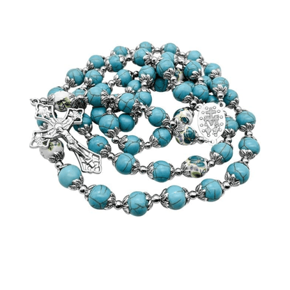 Turquoise Marble Rosary Necklace with Floral Beads, Miraculous Medal & Cross Crucifix  - Nazareth Store