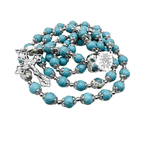 Turquoise Marble Rosary Necklace with Floral Beads, Miraculous Medal & Cross Crucifix  - Nazareth Store