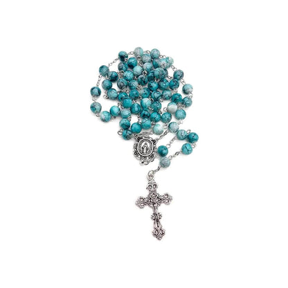 Blue Marble Crystal Rosary Necklace Catholic with Miraculous Medal & Jesus Cross Crucifix - Nazareth Store