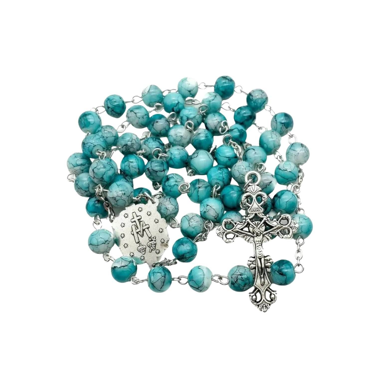 Blue Marble Crystal Rosary Necklace Catholic with Miraculous Medal & Jesus Cross Crucifix - Nazareth Store