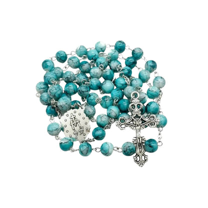 Blue Marble Crystal Rosary Necklace Catholic with Miraculous Medal & Jesus Cross Crucifix - Nazareth Store