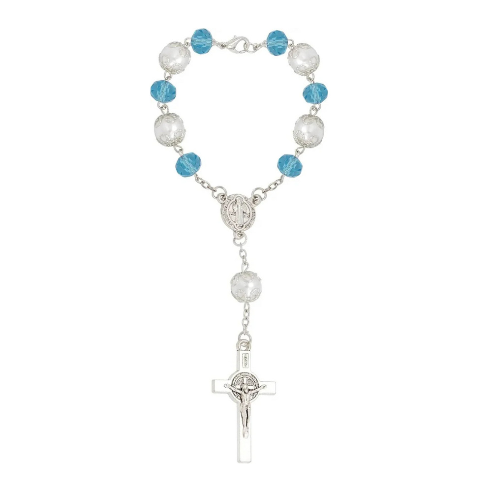 Blue One Decade Car Rosary with St. Benedict Medal 