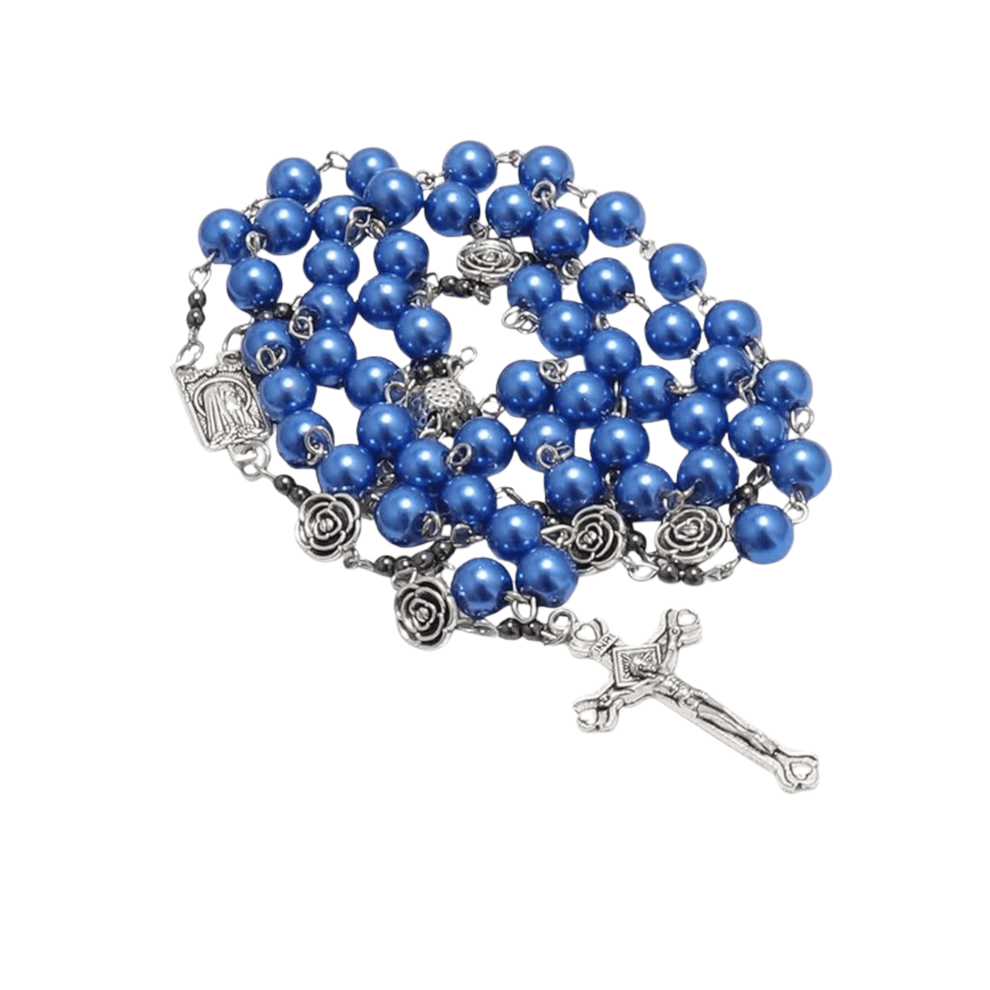 Blue Pearl Beads Rosary Metal Mystery Roses with Hematite Stone Rosary Necklace - Nazareth Store