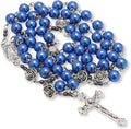 8mm round imitation pearl beads in vibrant blue color accented with metal mystery roses and small hematite stone beads.