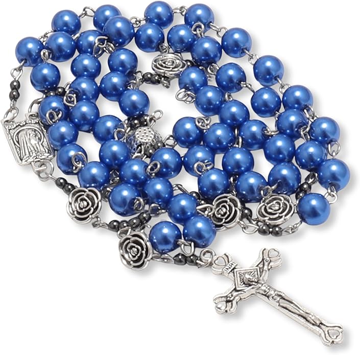 8mm round imitation pearl beads in vibrant blue color accented with metal mystery roses and small hematite stone beads.