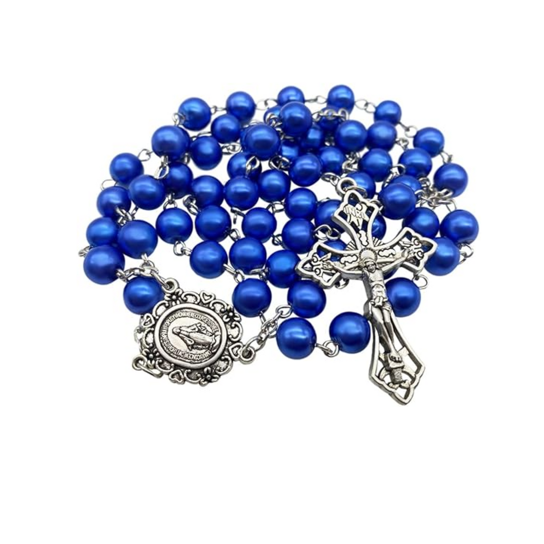 Blue Pearl Beads Rosary Necklace Catholic Miraculous Medal & Cross Nazareth Store