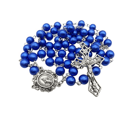 Blue Pearl Beads Rosary Necklace Catholic Miraculous Medal & Cross - Nazareth Store