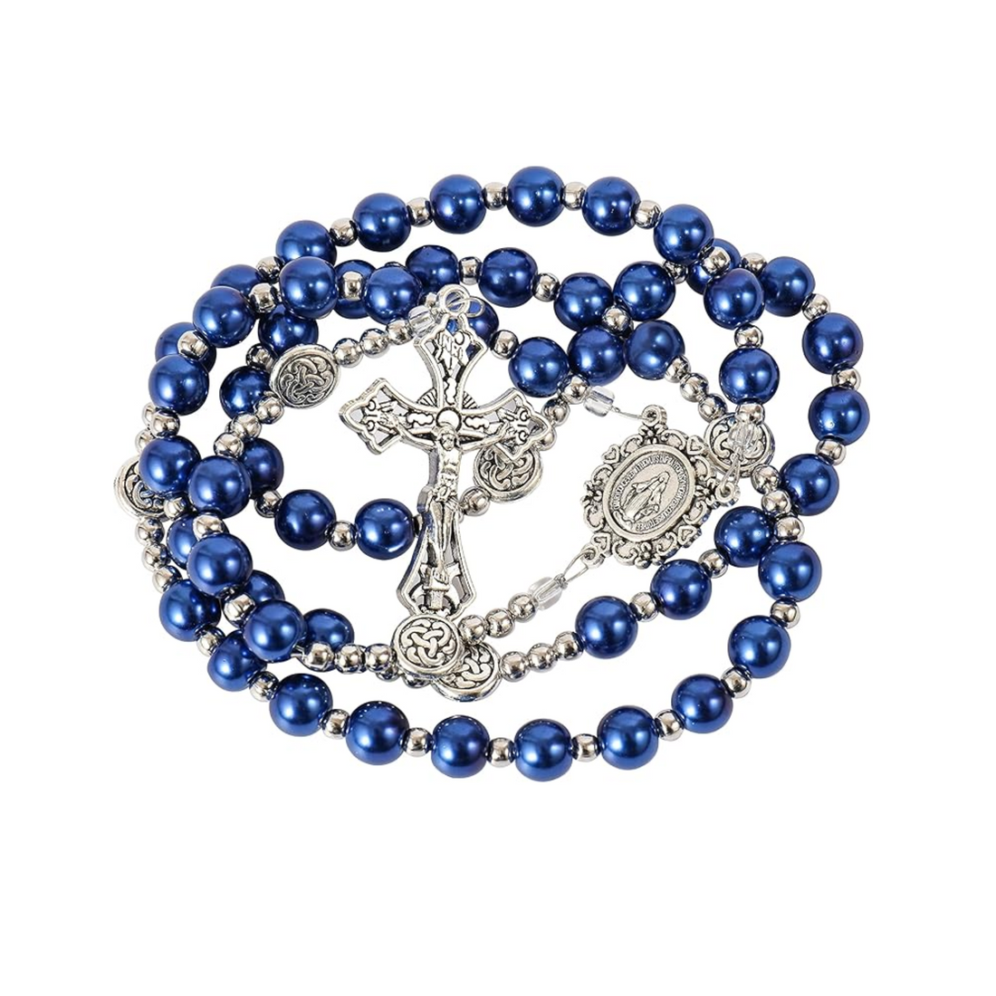 Blue Pearl Beads Wired Rosary Necklace Miraculous Medal & Cross Crucifix Nazareth Store