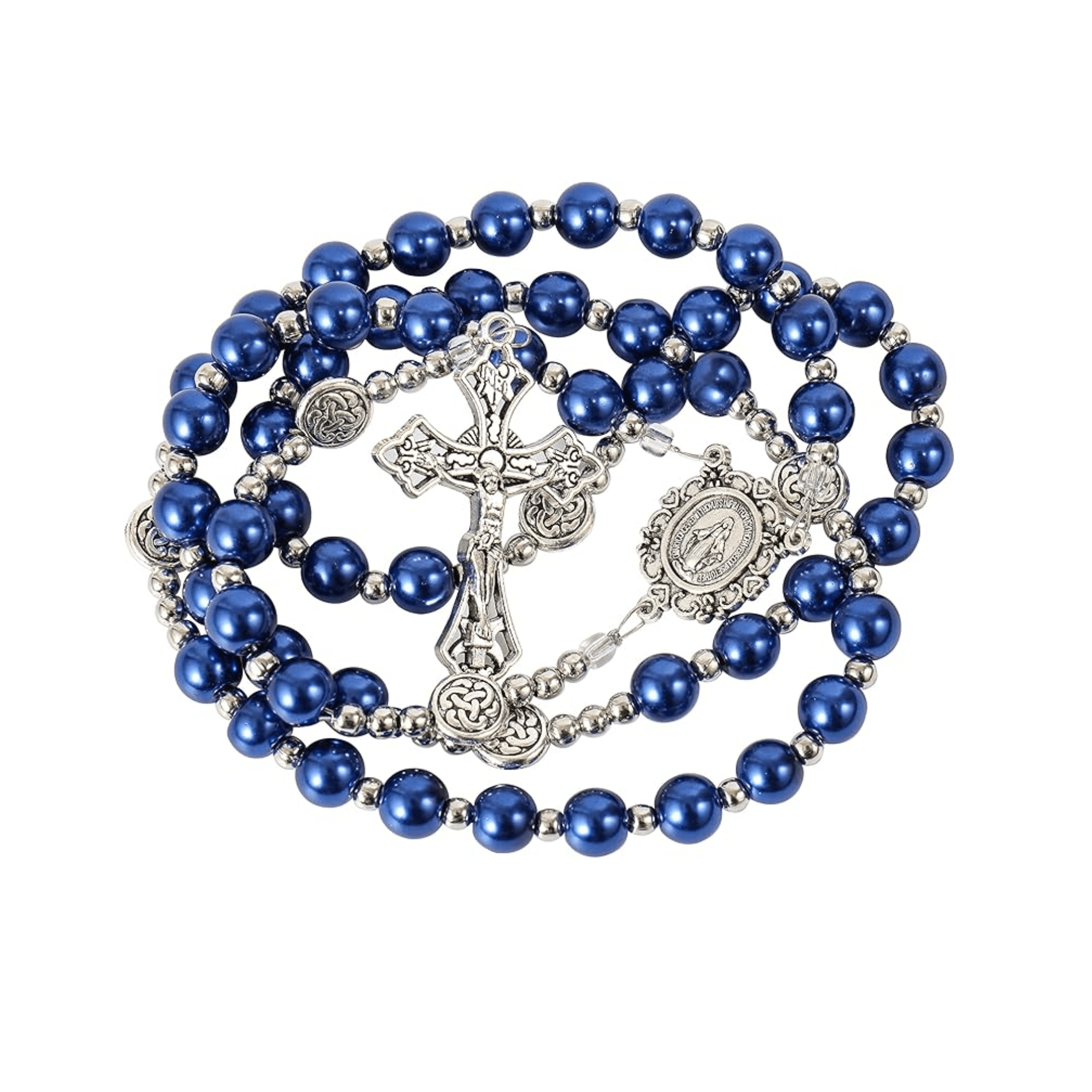 Blue Pearl Beads Wired Rosary Necklace Miraculous Medal & Cross Crucifix