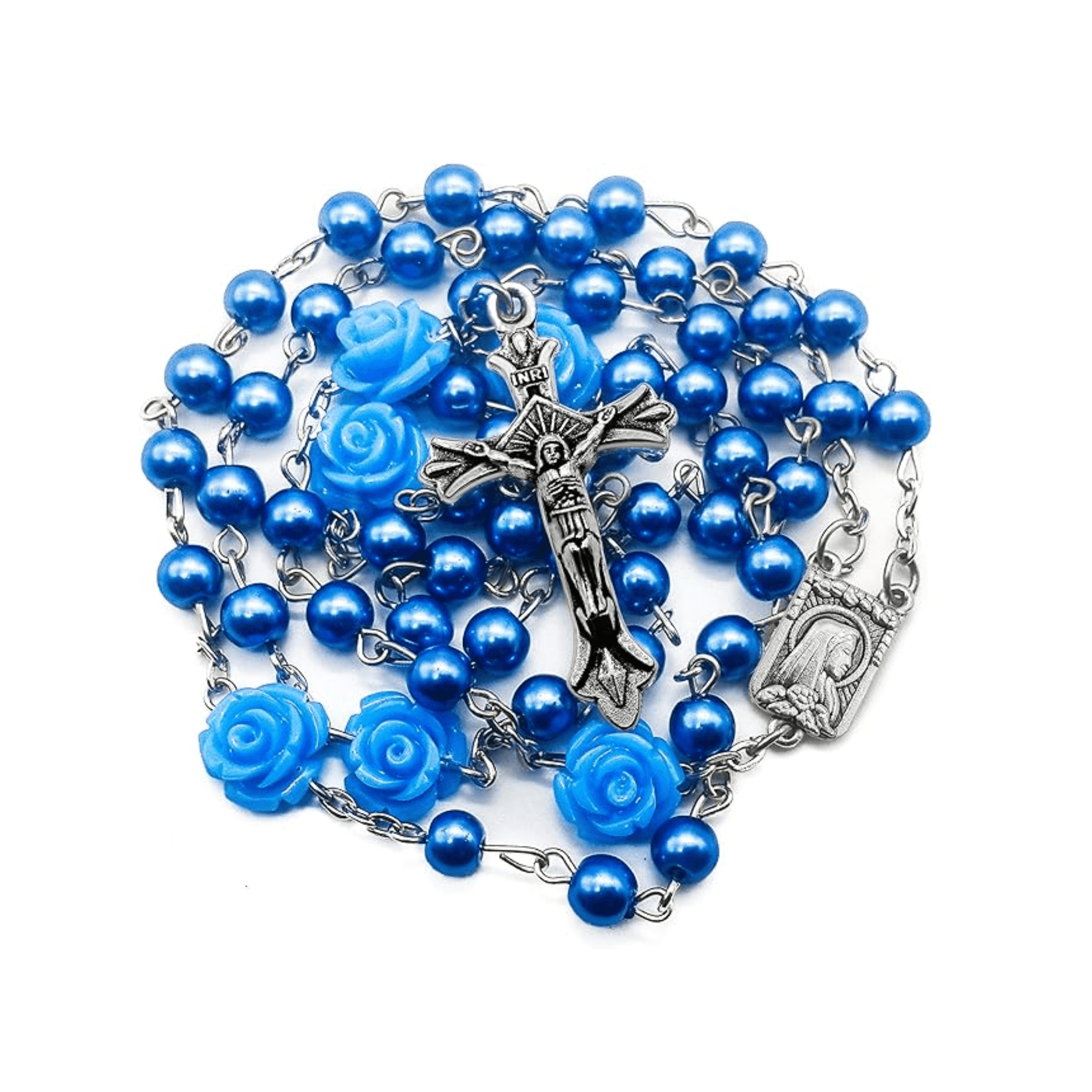 Blue Rosary Pearl Beads Necklace Rose Lourdes Medal & Cross Crucifix - Nazareth Store
