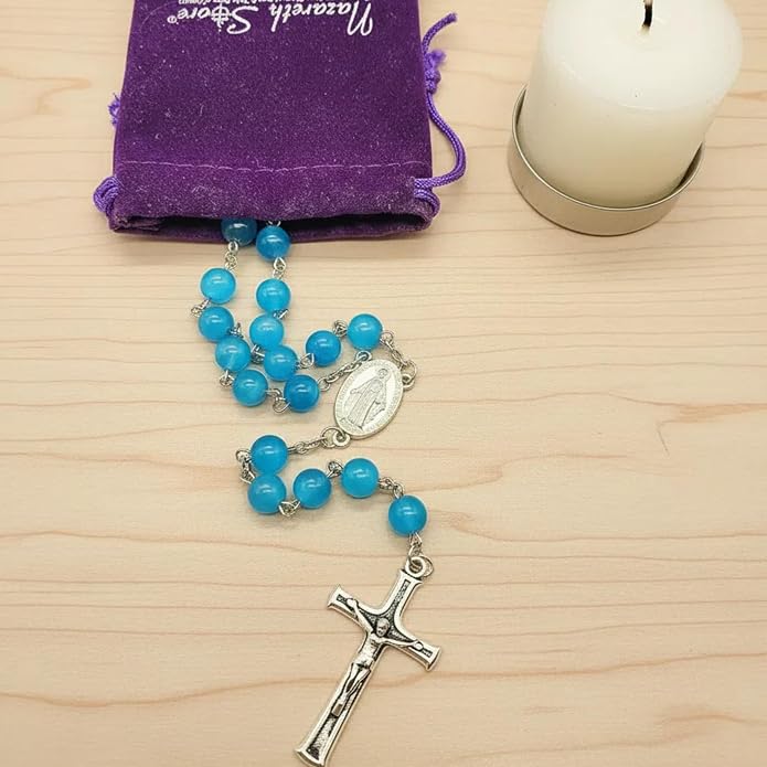 Blue Cat Eye Selenite Rosary Necklace with Miraculous Medal & Silver Cross - Nazareth Store