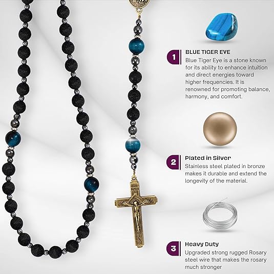 Saint Michael Black Lava Stone Beads with Blue Tiger Eye Beads Rosary Necklace for Men's Nazareth Store