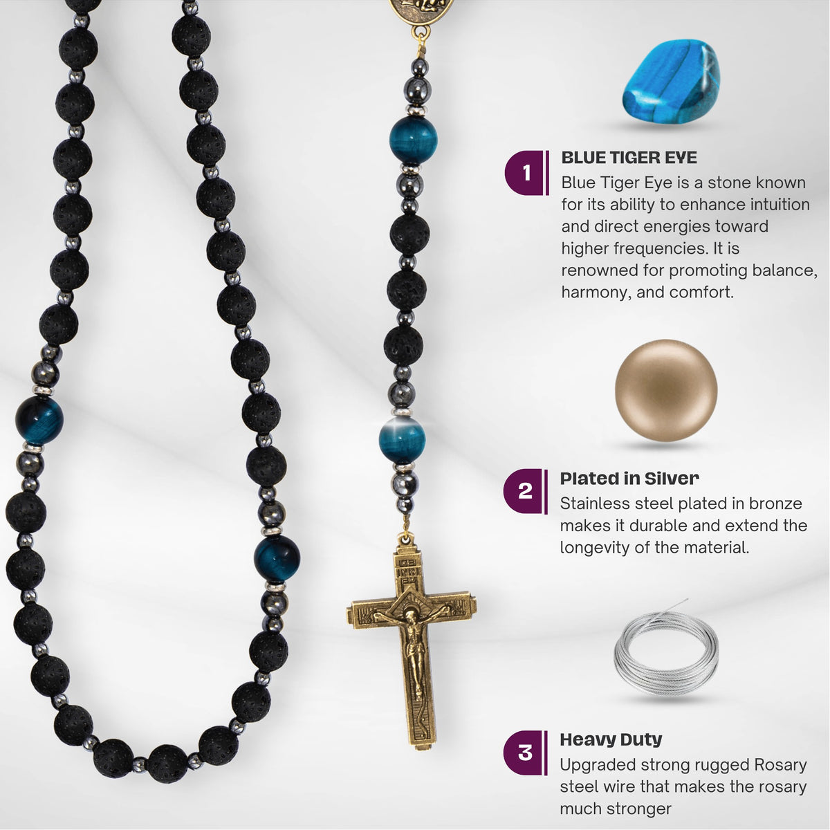 St. Michael Black Lava Stone Beads with Blue Tiger Eye Beads Rosary Necklace for Men's - Nazareth Store
