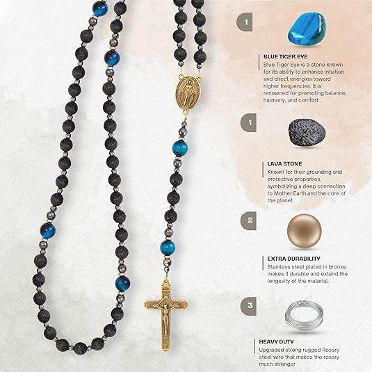 Miraculous Black Lava Stone Beads with Blue Tiger Eye Beads Rosary Necklace for Men's - Nazareth Store