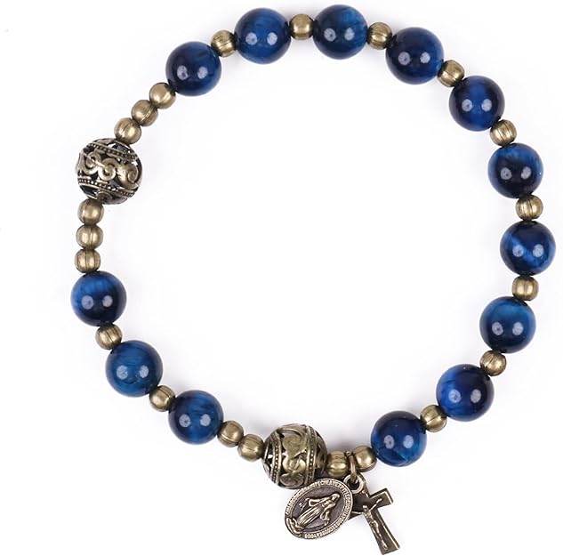 Blue Tiger Eye Rosary Bracelet with Metal Separators Miraculous Medal and Cross - Nazareth Store