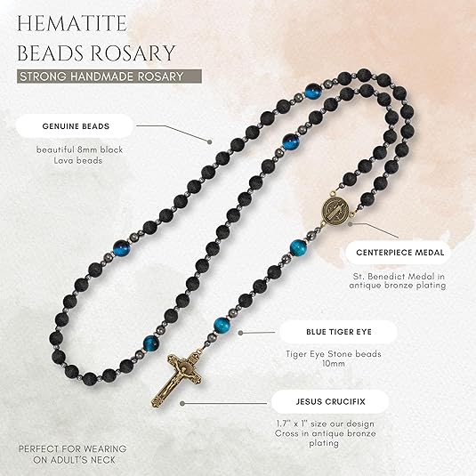 St. Benedict Black Lava Stone Beads Rosary Necklace for Men's Nazareth Store
