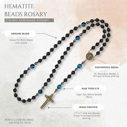 St. Benedict Black Lava Stone Beads with Blue Tiger Eye Beads Rosary Necklace for Men's - Nazareth Store