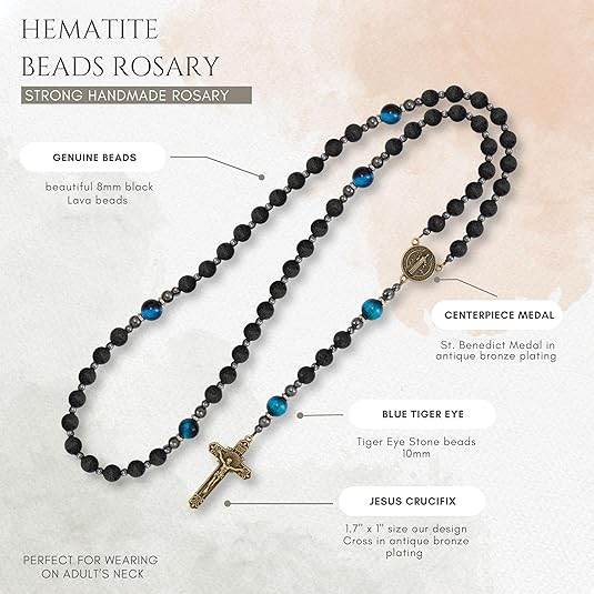 St. Benedict Black Lava Stone Beads with Blue Tiger Eye Beads Rosary Necklace for Men's - Nazareth Store