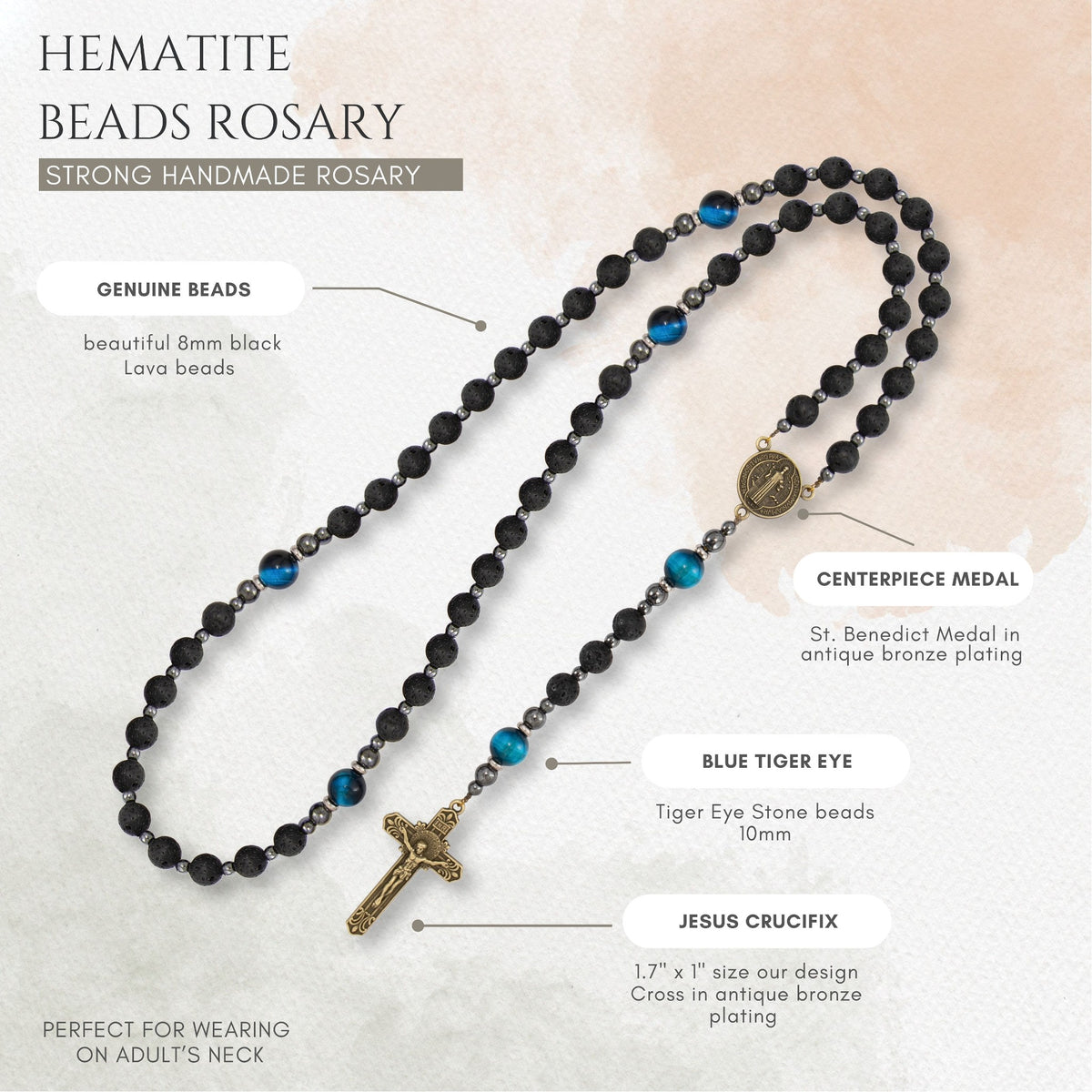 St. Benedict Black Lava Stone Beads with Blue Tiger Eye Beads Rosary Necklace for Men's - Nazareth Store