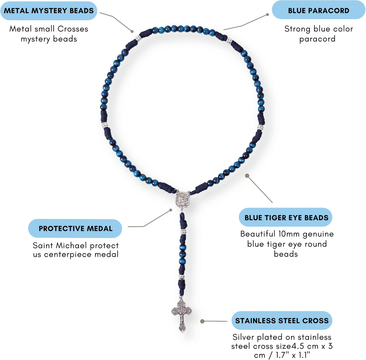 Blue Tiger Eye One Decade Rosary Beads Paracord Set St. Michael Necklace & St. Benedict 22" Nazareth Store