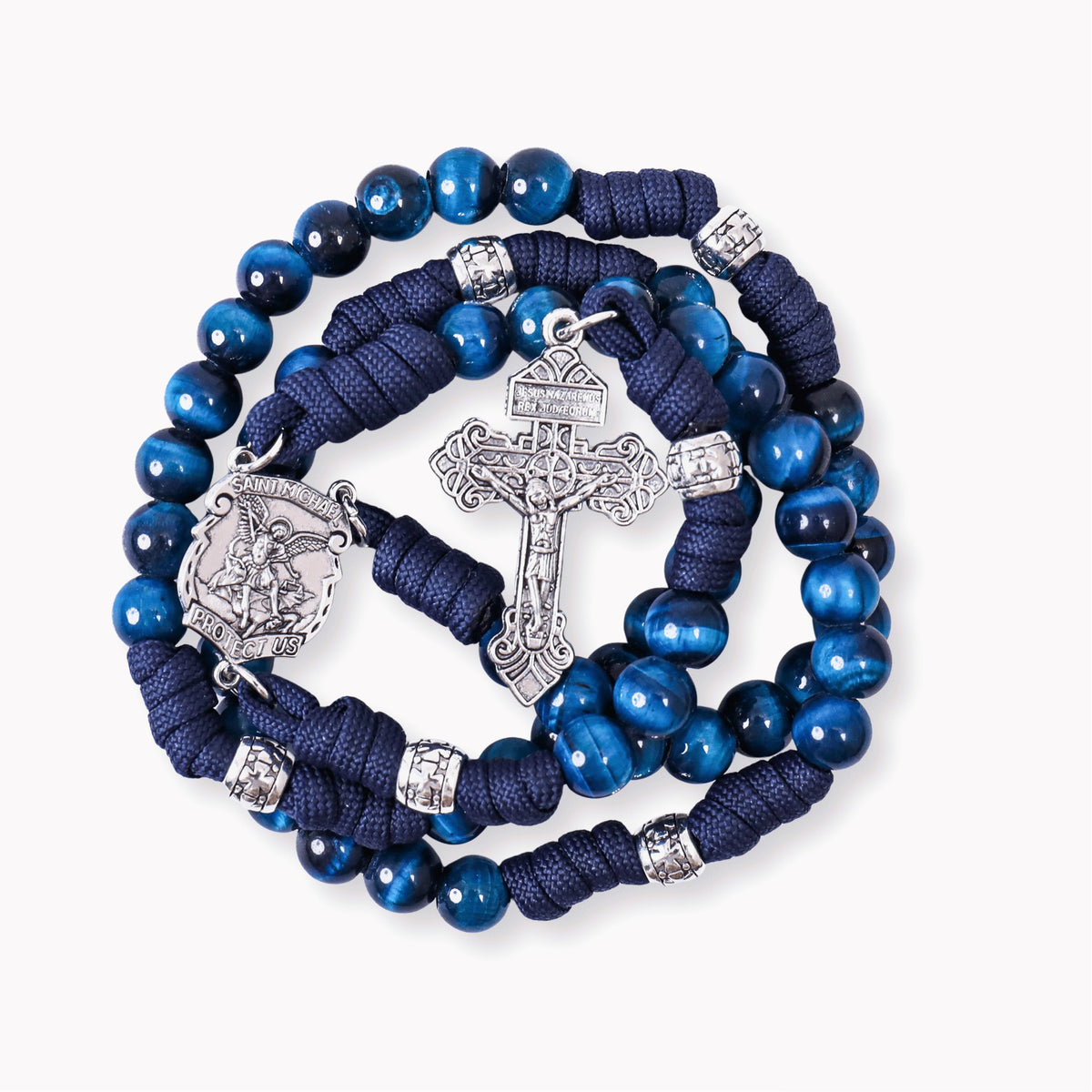 Blue Tiger Eye One Decade Rosary Beads Paracord Set St. Michael Necklace & St. Benedict 22" Nazareth Store