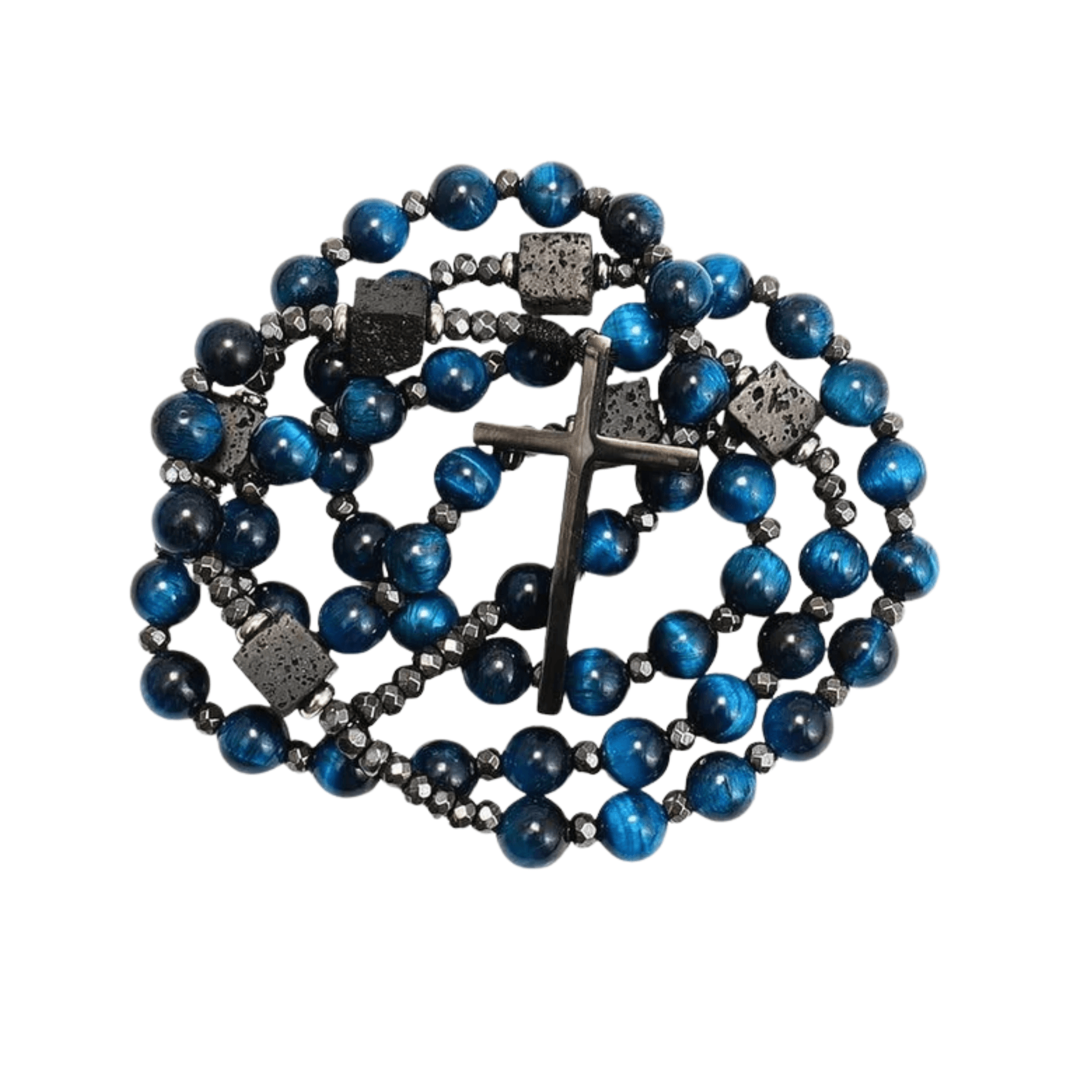 Blue Tiger Eye & Lava Stone 9mm Beads Rosary Necklace with Black Alloy Cross - Nazareth Store