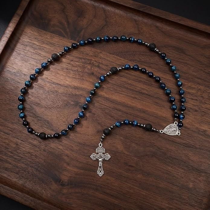 Blue Tiger Eye Rosary Necklace Lava Stone Prayer Beads with Our Father Medal & Crucifix - Nazareth Store 