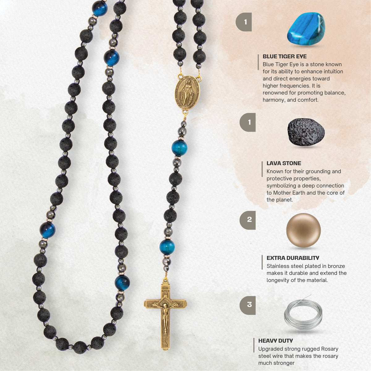 Miraculous Black Lava Stone Beads with Blue Tiger Eye Beads Rosary Necklace for Men's - Nazareth Store