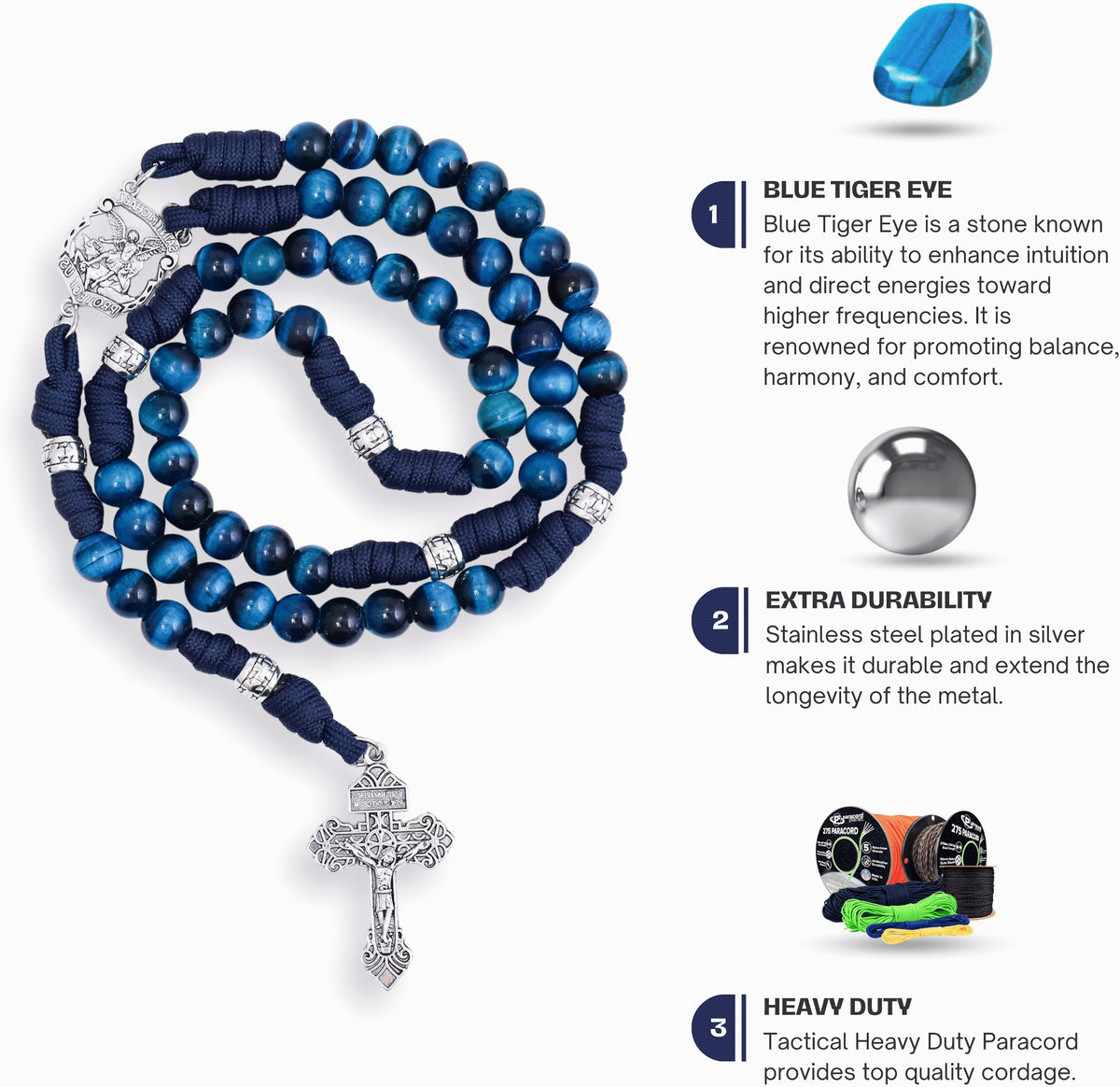 Blue Tiger Eye One Decade Rosary Beads Paracord Set St. Michael Necklace & St. Benedict 22" Nazareth Store