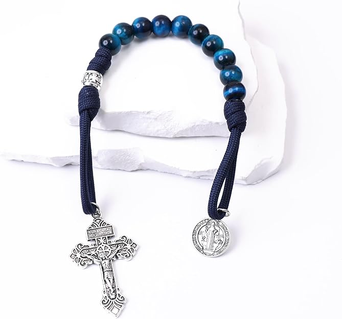 Blue Tiger Eye One Decade Rosary Beads Paracord Set St. Michael Necklace & St. Benedict 22" Nazareth Store