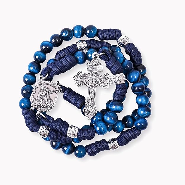 Blue Tiger Eye One Decade Rosary Beads Paracord Set St. Michael Necklace & St. Benedict 22" Nazareth Store