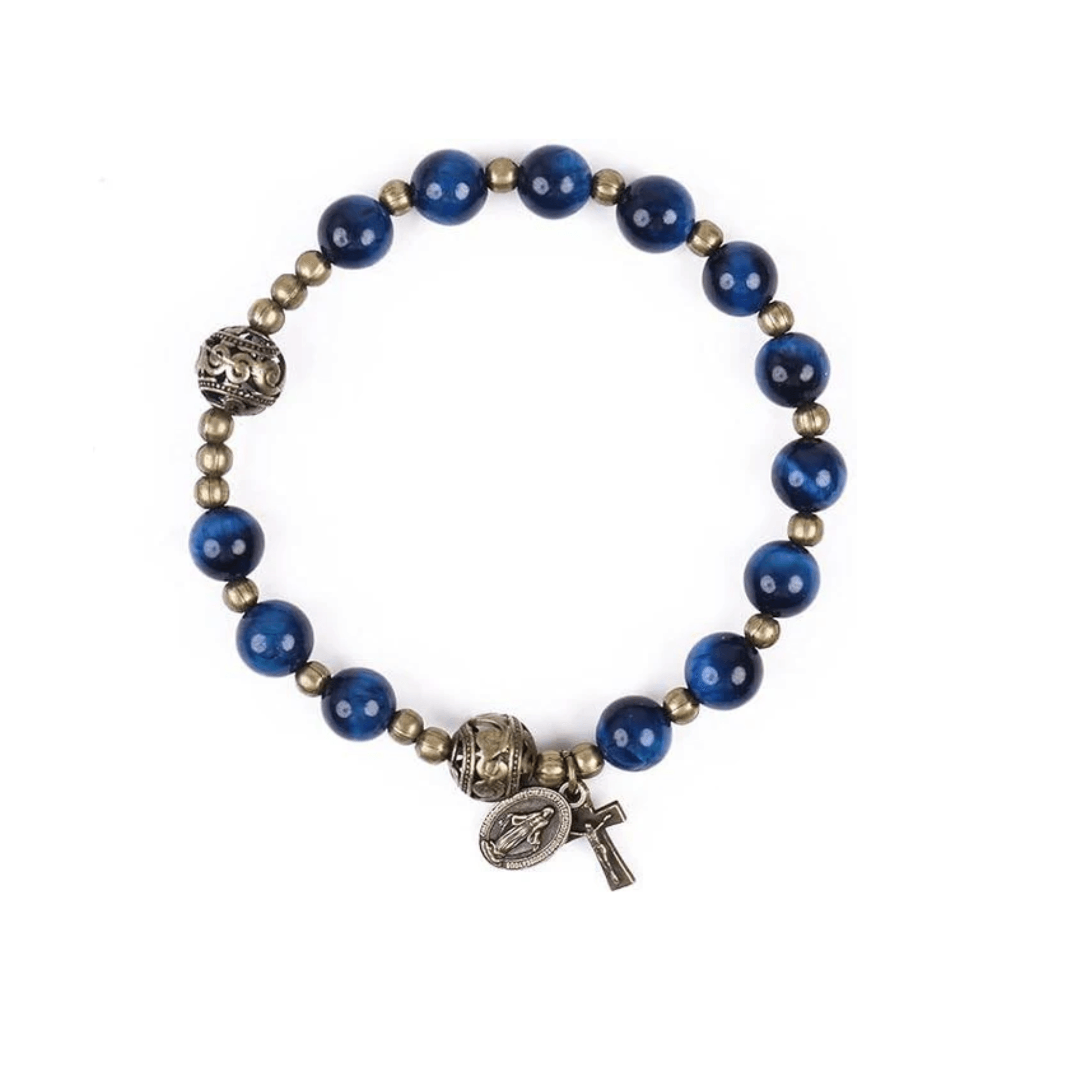 Blue Tiger Eye Rosary Bracelet with Metal Separators Miraculous Medal and Cross - Nazareth Store